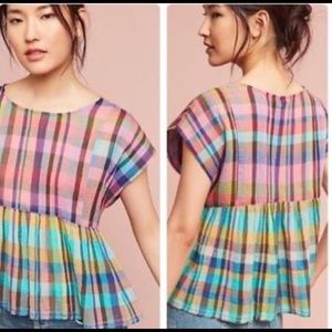 Anthropologie Mina Pastel Plaid Peplum Blouse